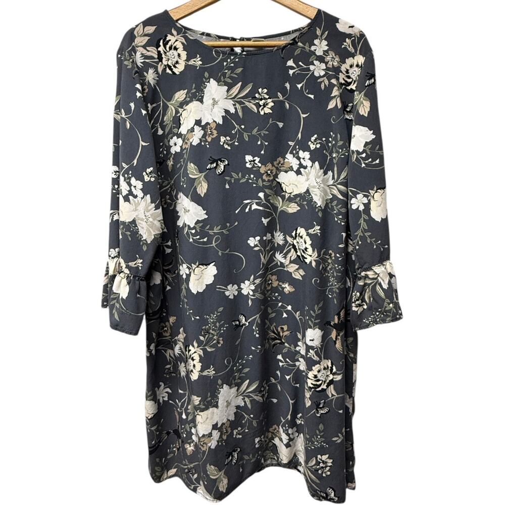 Old Navy Women’s Plus Size XXL Shift Dress Gray Floral 3/4 Ruffle Sleeve Cottage - Picture 1 of 6
